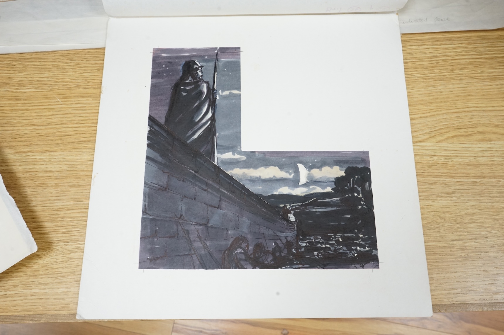 Peter Jackson (1922-2003), Illustrations from 'One day in Roman Britain' to include Portrait studies, Roman wall and Roman Baths, six watercolours, largest 34 x 71cm, unframed, together with two copies of the original bo